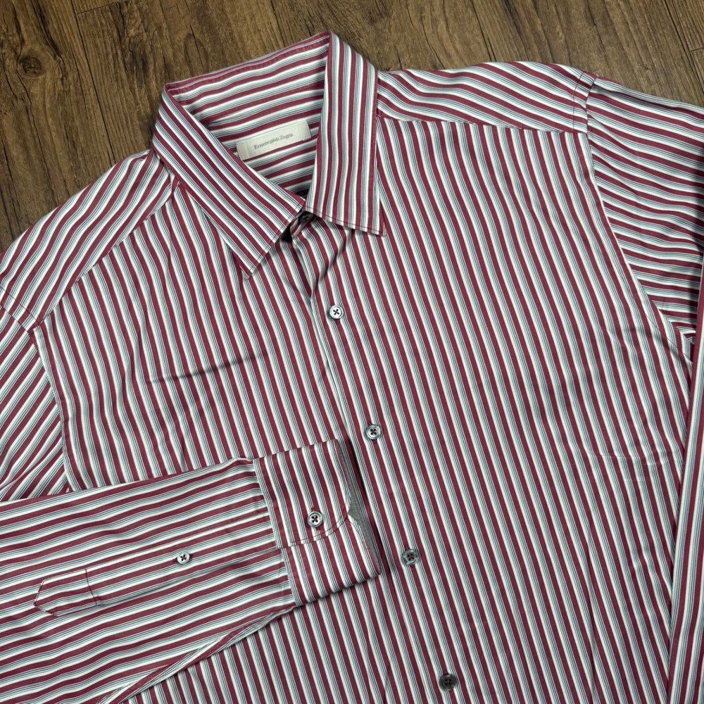 Ermenegildo Zegna Button Down Shirt Men XL Red White Blue Striped Business Italy
